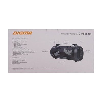 Портативная колонка Digma D-PS1520, 16Вт, BT, microSD,USB,AUX,FM, 1500мАч, камуфляж