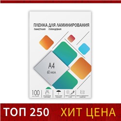 Пленка для ламинирования A4 216х303 мм, 60 мкм, 100 штук, глянцевые, Гелеос