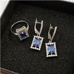 Комплект ювелирная бижутерия, серьги и кольцо посеребрение, камни цвет синий, р-р 18, 75229, арт.947.097