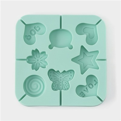 Форма силиконовая для леденцов Доляна «Сладость», 6×6×1,8 см, 8 ячеек, с палочками, цвет бирюзовый
