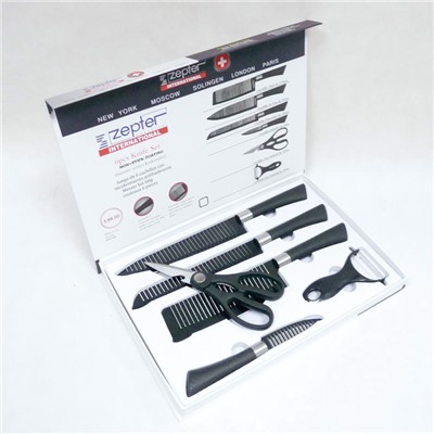 Набор кухонных ножей Zepter 6 предметов (4 ножа+овощечистка+ножницы) ZP-006 (Аналог) Волнооборазные лезвия