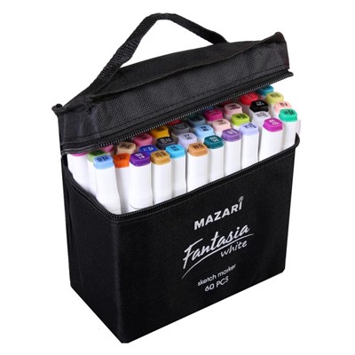 Набор двухсторонних маркеров для скетчинга Mazari Fantasia White, 60 цветов, чехол на молнии