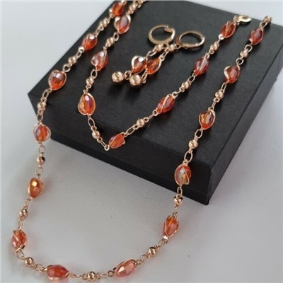Комплект: ожерелье, серьги и браслет, покрытие: дубайское золото, цвет камней: оранжевый, арт.214.396