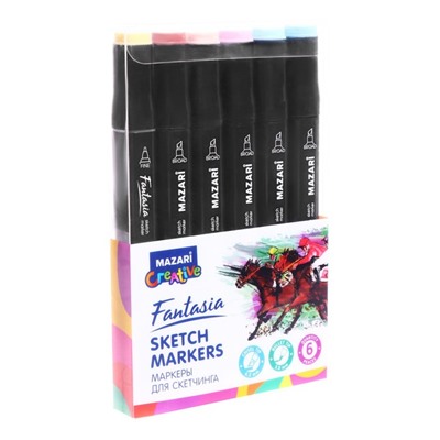 Художественный набор двухсторонних маркеров Mazari Fantasia 6 цветов Pastel colors (пастельные цвета), пишущие узлы 3.0-6.2 мм