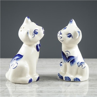 Набор для специй "Котята", 2 предмета, роспись, бело-синий, керамика, 12 см