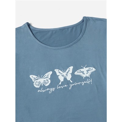 размера плюс Пижама слоган & с принтом бабочки