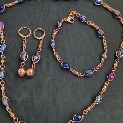 Комплект: ожерелье, серьги и браслет, покрытие: дубайское золото, цвет камней: синий, 31290, арт.947.483