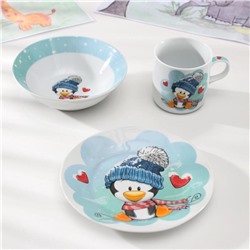 Набор детской посуды Доляна «Пингвинёнок», 3 предмета: кружка 230 мл, миска 400 мл, тарелка d=18 см, цвет белый