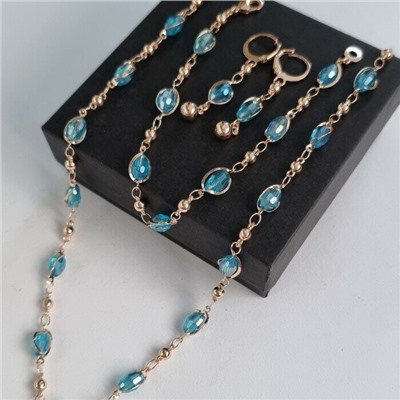 Комплект: ожерелье, серьги и браслет, покрытие: дубайское золото, цвет камней: небесно-голубой, арт.214.395