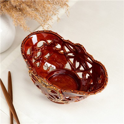 Конфетница "Сердце", коричневая, сквозная резка, керамика, 10 см