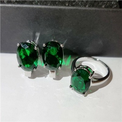 Комплект ювелирная бижутерия, серьги и кольцо посеребрение, камни цвет зеленые, р-р 18, 54168, арт.847.938