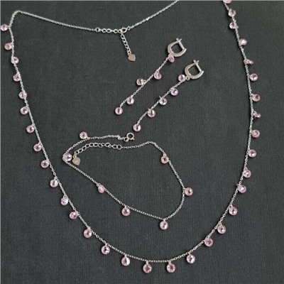 Комплект: серьги, браслет, колье, цвет цепочки серебристый, цвет кристаллов розовый, 45259, 032.481