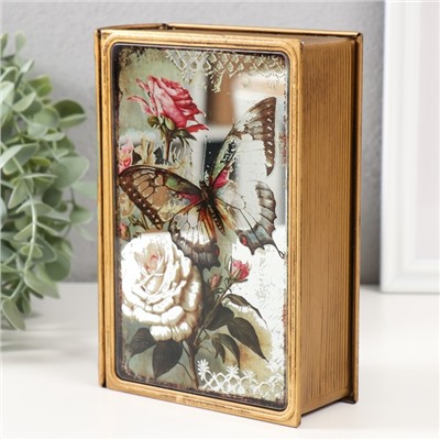 Шкатулка-книга металл, кожзам "Бабочка и розы" с зеркалом 17х12х5 см