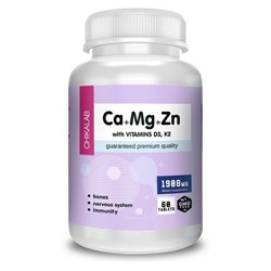 Кальций, Магний, Цинк и витамины К2 и Д3 Ca+Mg+Zn with vitamins D3, K2 Chikalab 60 таб.