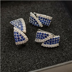 Шикарный комплект ювелирной бижутерии с посеребрением, серьги с синими камнями, кольцо безразмерное, 43287, арт.947.122