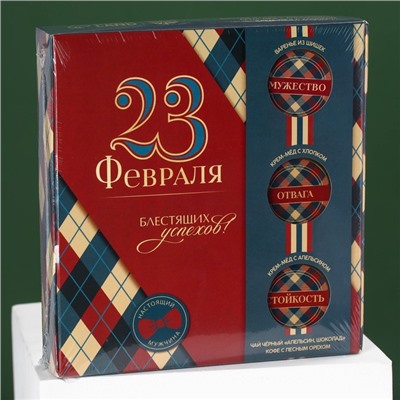 Подарочный набор «Блестящих успехов», чай 50 г., кофе 30 г., крем-мёд со вкусом хлопка и апельсина 30 г., варенье из шишек 30 г.