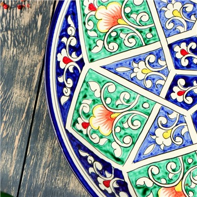 Ляган круглый «Риштан», 36 см, зелёный, орнамент бело-синий