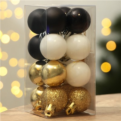 Набор ёлочных шаров, d-3 см, 16 шт, пластик, цвета чёрный, золотой, белый