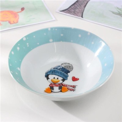 Набор детской посуды Доляна «Пингвинёнок», 3 предмета: кружка 230 мл, миска 400 мл, тарелка d=18 см, цвет белый