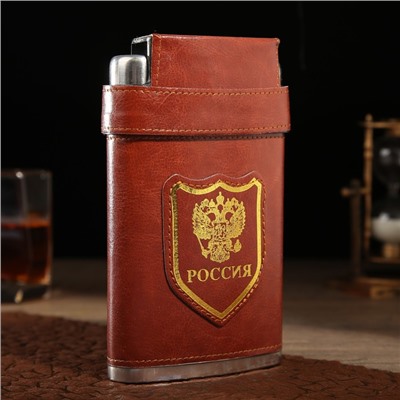 Фляжка, 300 мл (10 oz) "Герб России", 3 стопки,  9.5 х 3 х 16 см, коричневая