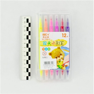 Фломастеры двусторонние (line+кисть). 12цв. Color Pen, вентилируемый колпачок No:1999-12