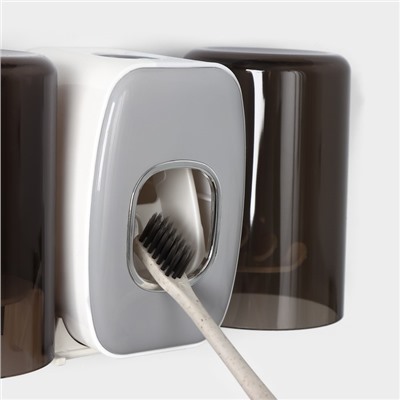Выдавливатель для зубной пасты+держатель для зубных щёток с 2 стаканами, 20×10,2×6,2 см, цвет серый