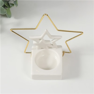 Подсвечник керамика, металл на 1 свечу "Звёзды" белый с золотом 13,4х6,5х13,2 см