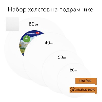 Холсты на подрамнике 4 шт., круглые 20, 30, 40, 50 см, грунтованные, 380 г/м2, 100% хлопок, BRAUBERG