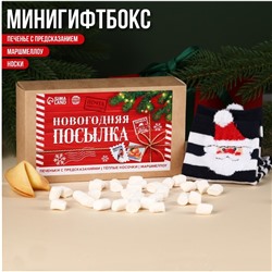 Минигифтбокс «Новогодняя посылка»: печенье с предсказанием 3 шт., маршмеллоу 30 г., носки 36-39 размер