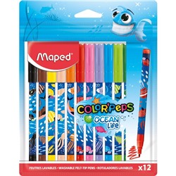 Фломастеры 12 цветов Maped COLOR'PEPS OCEAN LIFE, суперсмываемые, декорированные, европодвес