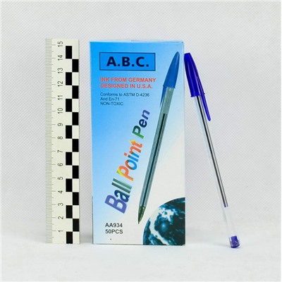 Ручка шариковая синяя, прозрачн.корпус арт.A934-50. 1\50.