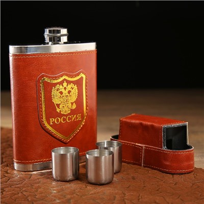 Фляжка, 300 мл (10 oz) "Герб России", 3 стопки,  9.5 х 3 х 16 см, коричневая