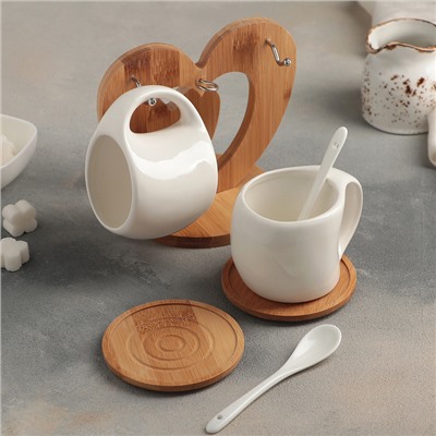 Набор чайный «Эстет» на деревянной подставке, 6 предметов: 2 чашки 200 мл, 2 подставки 9,5 см, 2 ложки