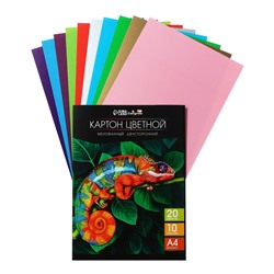 Картон цветной двусторонний А4, 10 листов, 20 цветов, Calligrata TOP мелованный 230 г/м2, в папке