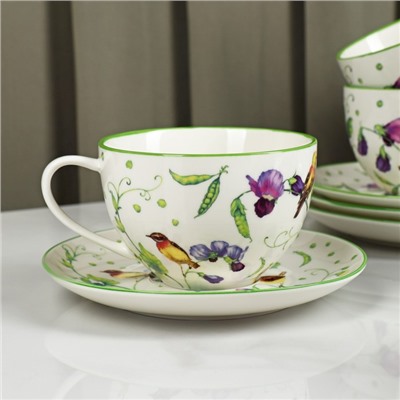 Сервиз фарфоровый чайный Доляна «Зелёный сад», 12 предметов: 6 чашек 220 мл, 6 блюдец d=13 см
