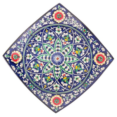 Ляган квадратный Риштанская Керамика, 31*31 см, синий, зелёно-жёлтый орнамент