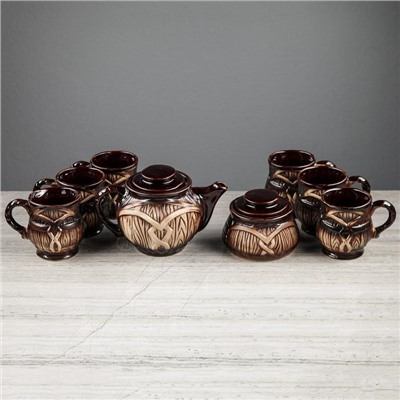 Чайный набор "Бочка", 8 предметов, чайник 1 л, сахарница 0.8 л, чашки 0.35 л, керамика