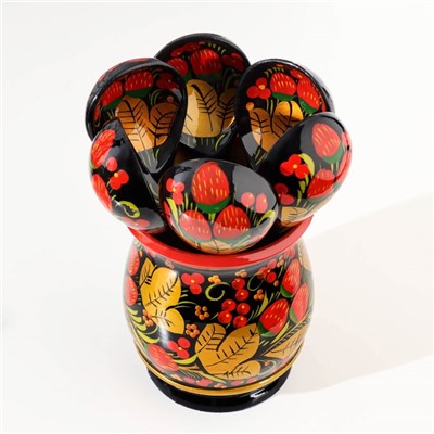 Набор «Хозяюшка», 6 ложек и ваза, 13×9 см, хохлома