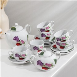 Сервиз чайный «Королева цветов», 14 предметов: чайник 1 л, сахарница 600 мл, 6 чашек 250 мл, 6 блюдец d=14 см