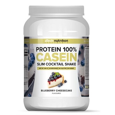 Мицеллярный казеин со вкусом черничного чизкейка Protein 100 Casein Slim cocktail Shake Blueberry cheesecake aTech Nutrition 840 гр.