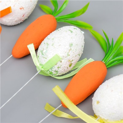Декор пасхальный на палочке "Яички в посыпке и морковки" набор 5 шт 6х4 см