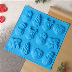 Форма силиконовая для шоколада 3D Доляна «Ёлочные игрушки», 30×30 см, 12 ячеек, цвет синий
