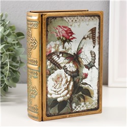 Шкатулка-книга металл, кожзам "Бабочка и розы" с зеркалом 17х12х5 см