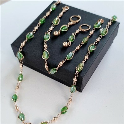 Комплект: ожерелье, серьги и браслет, покрытие: дубайское золото, цвет камней: светло-зеленый, арт.214.399